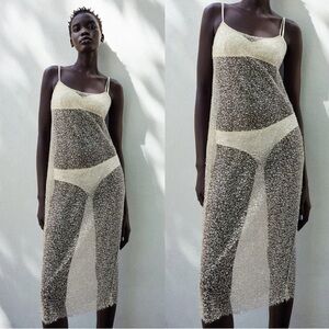 Zara Gold Beaded Semi Sheer Sequin Fitted Dress Women’s Size Small